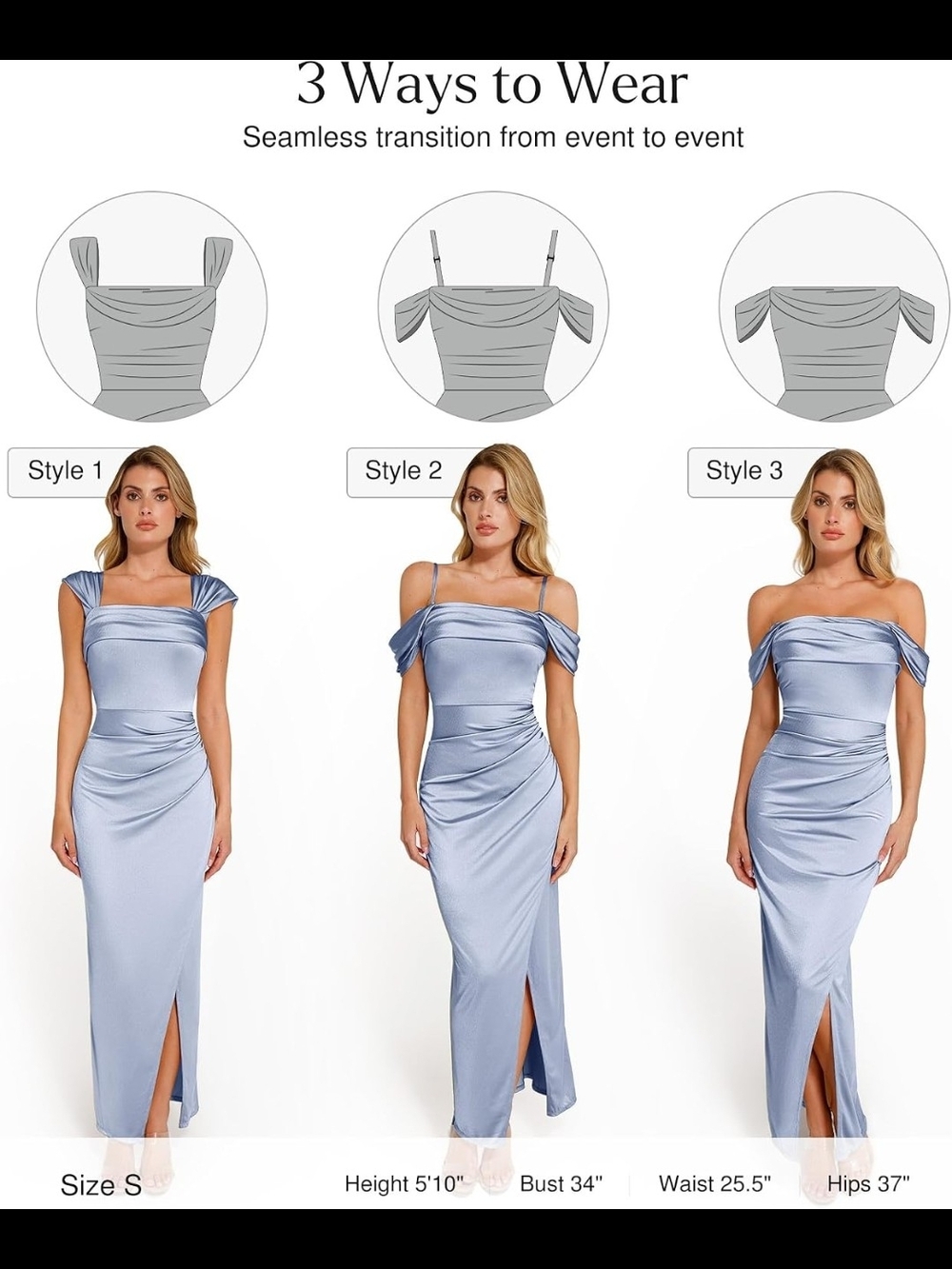 Versatile Off-Shoulder Satin Evening Dress - Light Blue